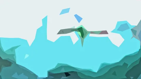 Abstrakte Low-Poly-Grafik in Türkis und Grau mit einem grün-grauen, vogelartigen Motiv in der Mitte