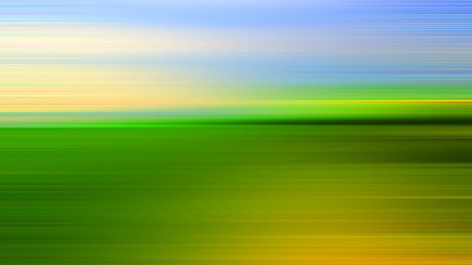Abstrakte Bewegungsunschärfe mit horizontalen Streifen in Blau, Weiß, Gelb und Grün, die an Himmel und Wiese erinnern