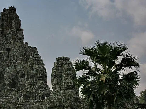 Verwitterte Steintürme des Bayon-Tempels mit großen Steingesichtern, rechts davor eine Palme unter bewölktem Himmel.