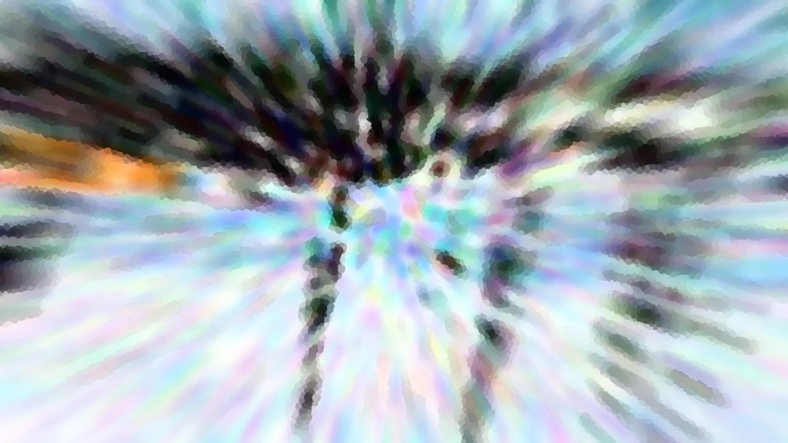 Abstrakte Komposition aus pastellfarbenen Streifen, die radial von der Mitte nach außen laufen, mit dunklen, verwischten Formen im oberen Bereich und einem orangen Schimmer links.