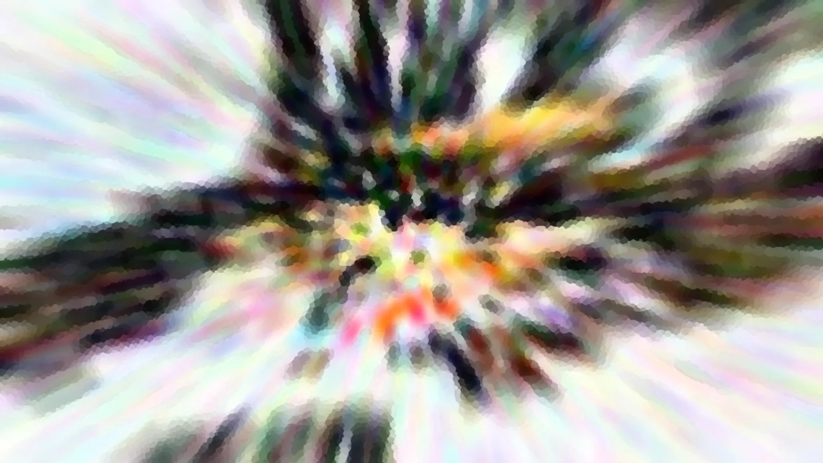 Abstraktes Bild mit radialen Streifen, die von einem hellen Zentrum in Farben wie Orange, Gelb, Grün und Schwarz nach außen laufen, mit pixeligem Mosaikmuster.