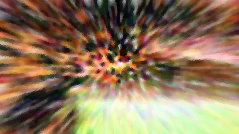 Abstrakte Komposition aus radial verlaufenden Farbstreifen in Orange, Grün und Pink mit mosaikartiger Struktur.