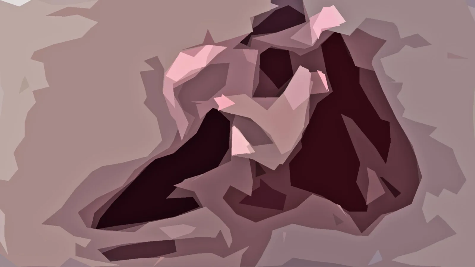 Abstrakte, facettierte Formen in Rosa, Mauve und Dunkelrot, die sich um einen dunklen Kern winden.