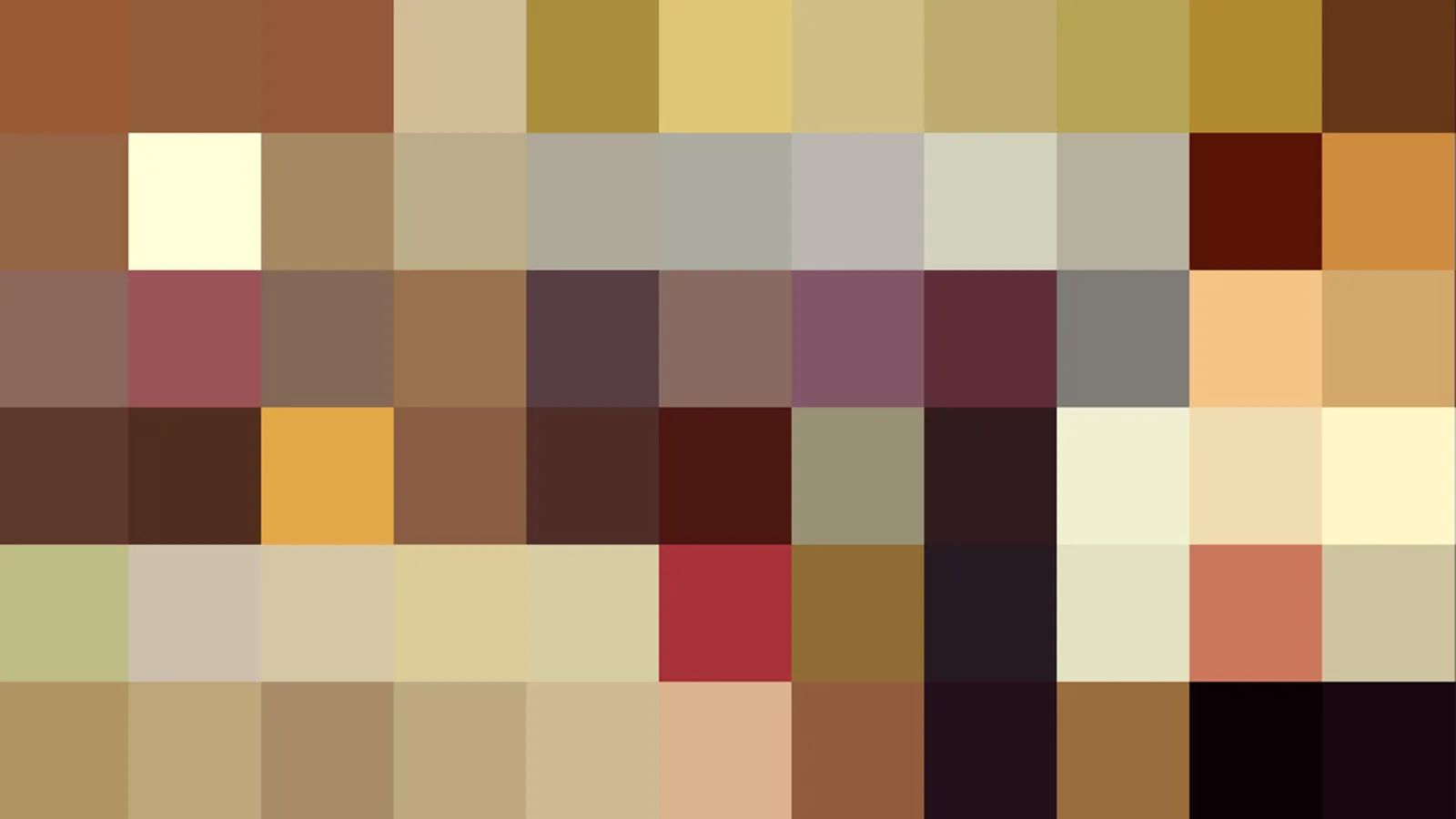 Rechteckiges Raster aus kleinen, einfarbigen Feldern in Braun, Ocker, Beige, Rot, Olivgrün und Schwarz, ohne erkennbares Motiv.