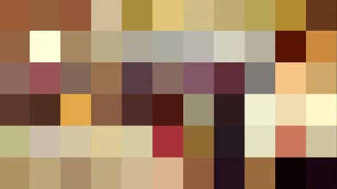 Rechteckiges Raster aus kleinen, einfarbigen Feldern in Braun, Ocker, Beige, Rot, Olivgrün und Schwarz, ohne erkennbares Motiv.