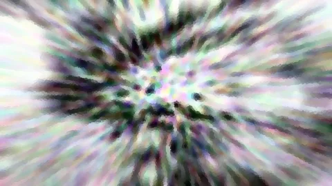 Abstraktes Bild mit pastellfarbenen, grünen und violetten Streifen, die von einem hellen Zentrum radial nach außen laufen.