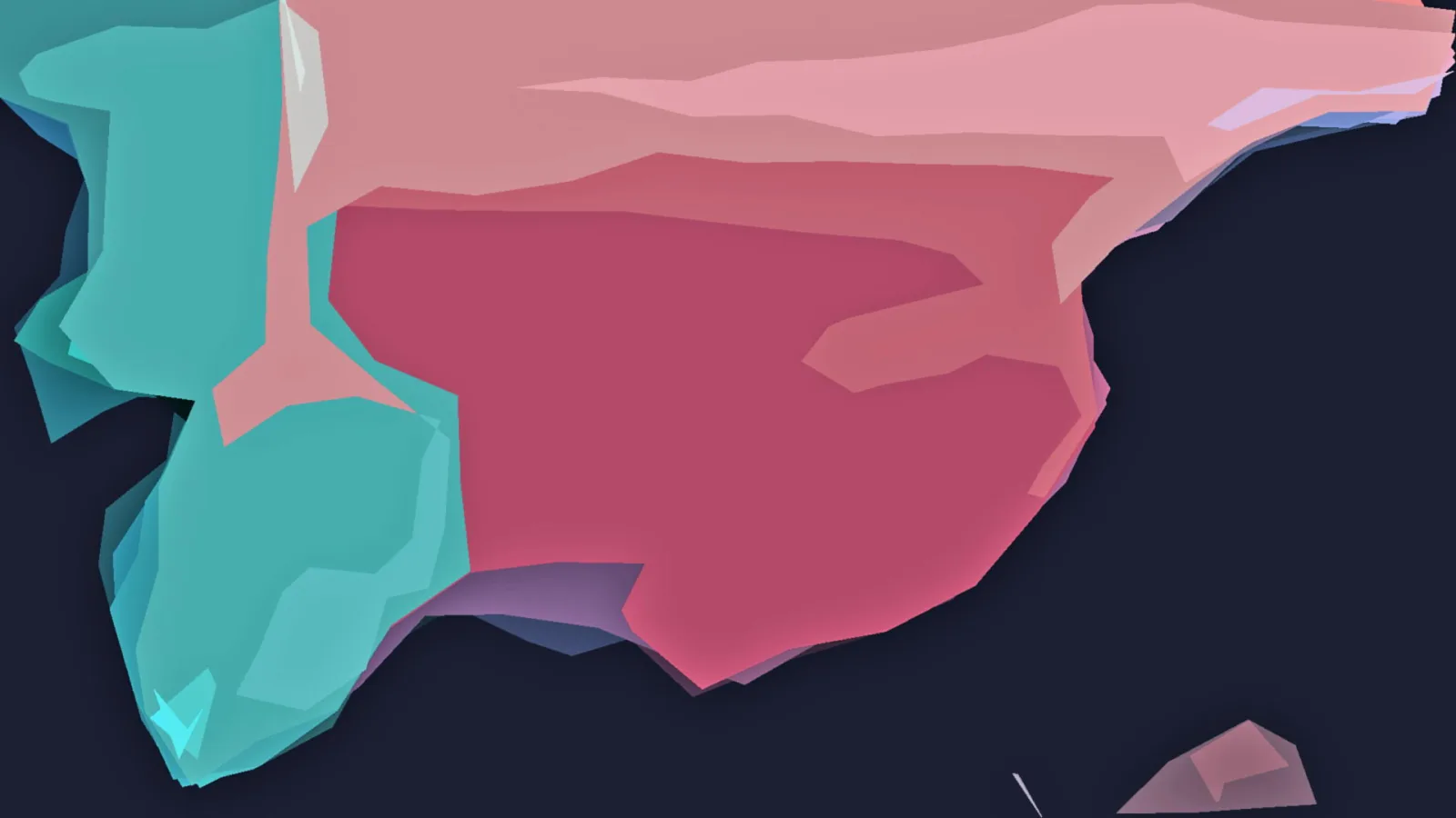 Abstrakte Komposition aus flächigen Formen in Türkis, Pink und Magenta auf dunkelblauem Grund.