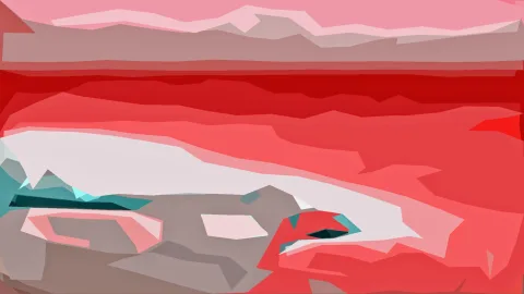 Abstrakte Landschaft aus flächigen Polygonen in Rot, Rosa und Grau, am unteren Rand mit weißen und türkisfarbenen Akzenten.