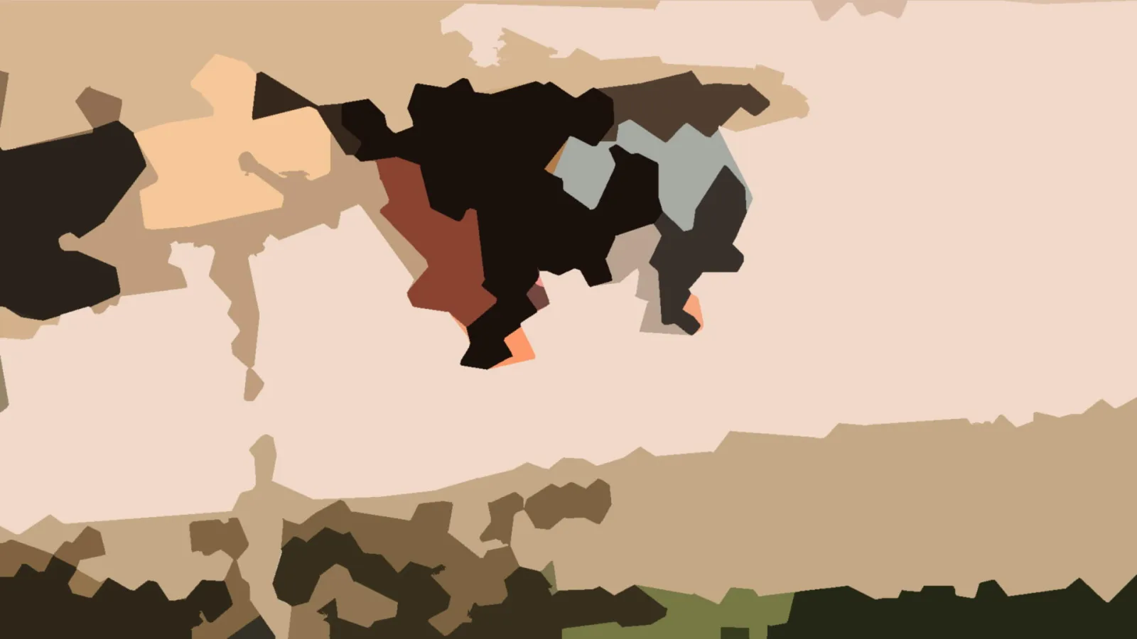 Abstraktes Bild aus unregelmäßigen, flächigen Formen in Beige, Sandtönen, Schwarz, Rostrot und Grau, mit dunklen Mustern im oberen Mittelbereich und Grünschattierungen am unteren Rand.
