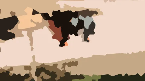Abstraktes Bild aus unregelmäßigen, flächigen Formen in Beige, Sandtönen, Schwarz, Rostrot und Grau, mit dunklen Mustern im oberen Mittelbereich und Grünschattierungen am unteren Rand.