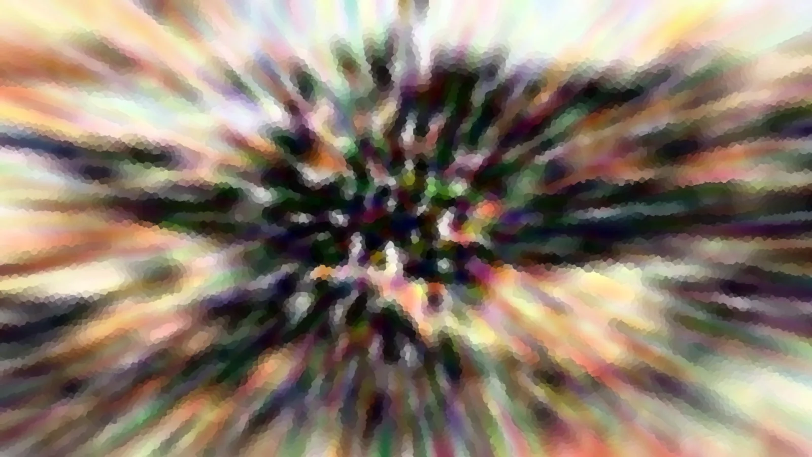 Abstrakte radiale Unschärfe in bunten Farben, Streifen laufen von einem dunklen Zentrum nach außen, Mosaikstruktur sichtbar.
