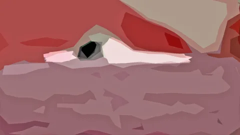 Abstrakte, kantige Farbflächen in Rot, Rosa und Beige mit einem dunklen, ovalen Auge mit grauem Rand im linken Mittelbereich.