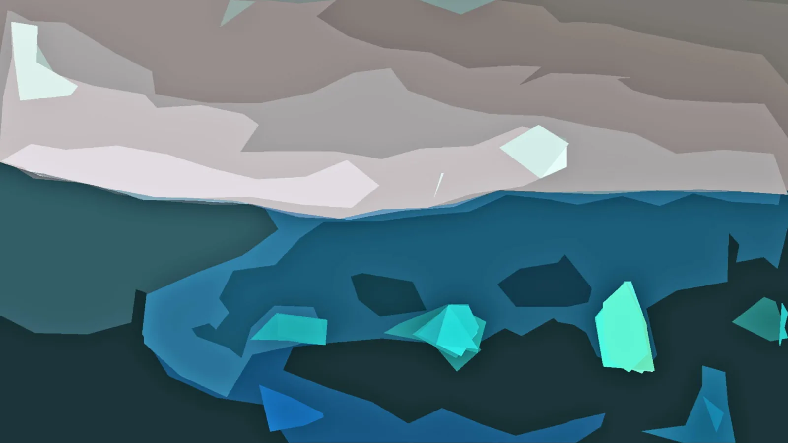 Abstrakte Landschaft aus flachen, kantigen Formen: oben graubeige Bergkämme mit hellen Schneeflächen, darunter ein blaugrüner See mit türkisfarbenen Splittern und dunklen Schatten im Vordergrund.