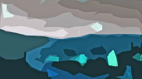 Abstrakte Landschaft aus flachen, kantigen Formen: oben graubeige Bergkämme mit hellen Schneeflächen, darunter ein blaugrüner See mit türkisfarbenen Splittern und dunklen Schatten im Vordergrund.