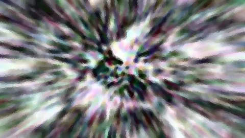 Abstrakte Komposition mit radialem Zoomeffekt. Helle Schlieren in Grün, Violett und Weiß laufen von der Bildmitte nach außen, im Zentrum verdichten sich dunkle und farbige Flecken.