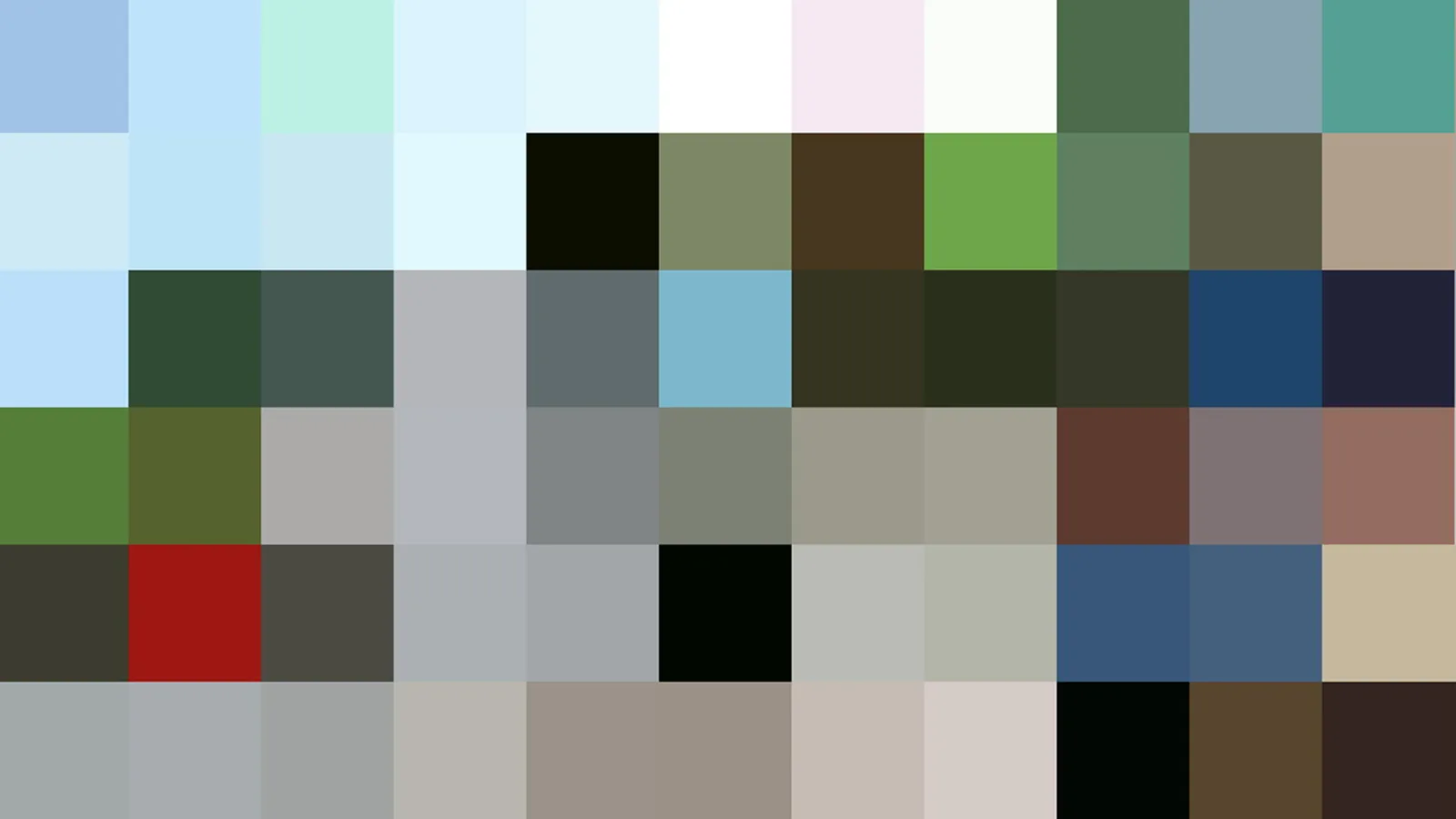 Raster aus quadratischen Farbfeldern in Pastellblau, Weiß, Grün, Grau und Braun, dazwischen einzelne schwarze Felder.