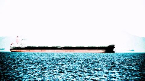 Ein langgestrecktes Frachtschiff mit dunklem Rumpf und rotbraunem Unterwasserbereich liegt auf blauem, leicht bewegtem Wasser vor einem diesigen, hellen Himmel.