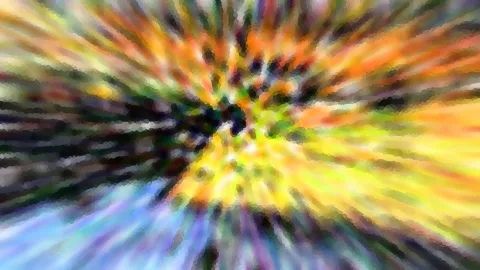 Abstrakte Komposition aus radial von der Mitte nach außen laufenden Streifen in Gelb, Orange, Blau und Dunkelgrün, durch Bewegungsunschärfe und Pixelmosaik verwischt.