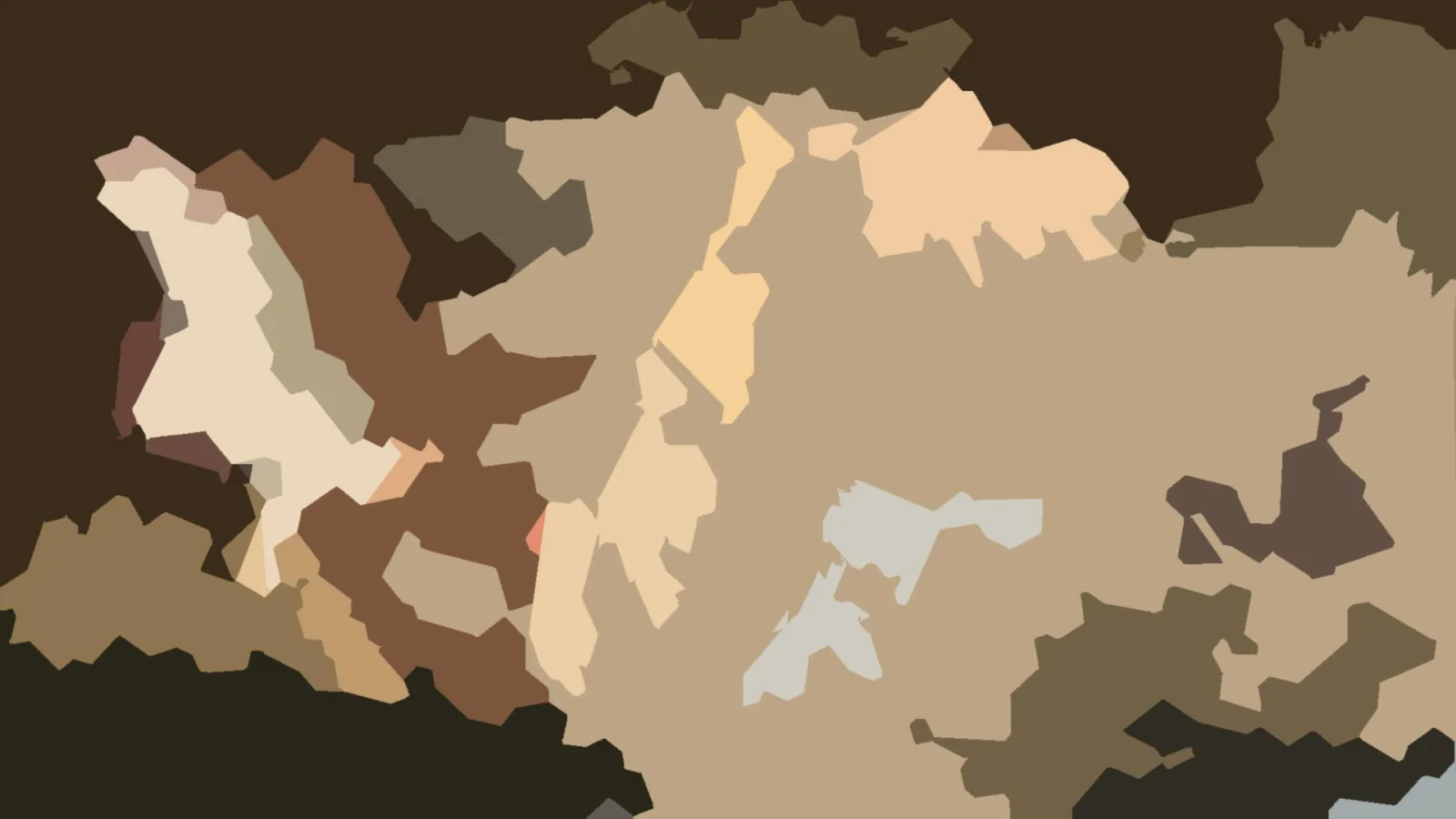 Abstraktes Bild aus unregelmäßigen, flächigen Formen in Braun-, Beige- und Grautönen, dazwischen einzelne helle Akzente und ein dunkler Rand.