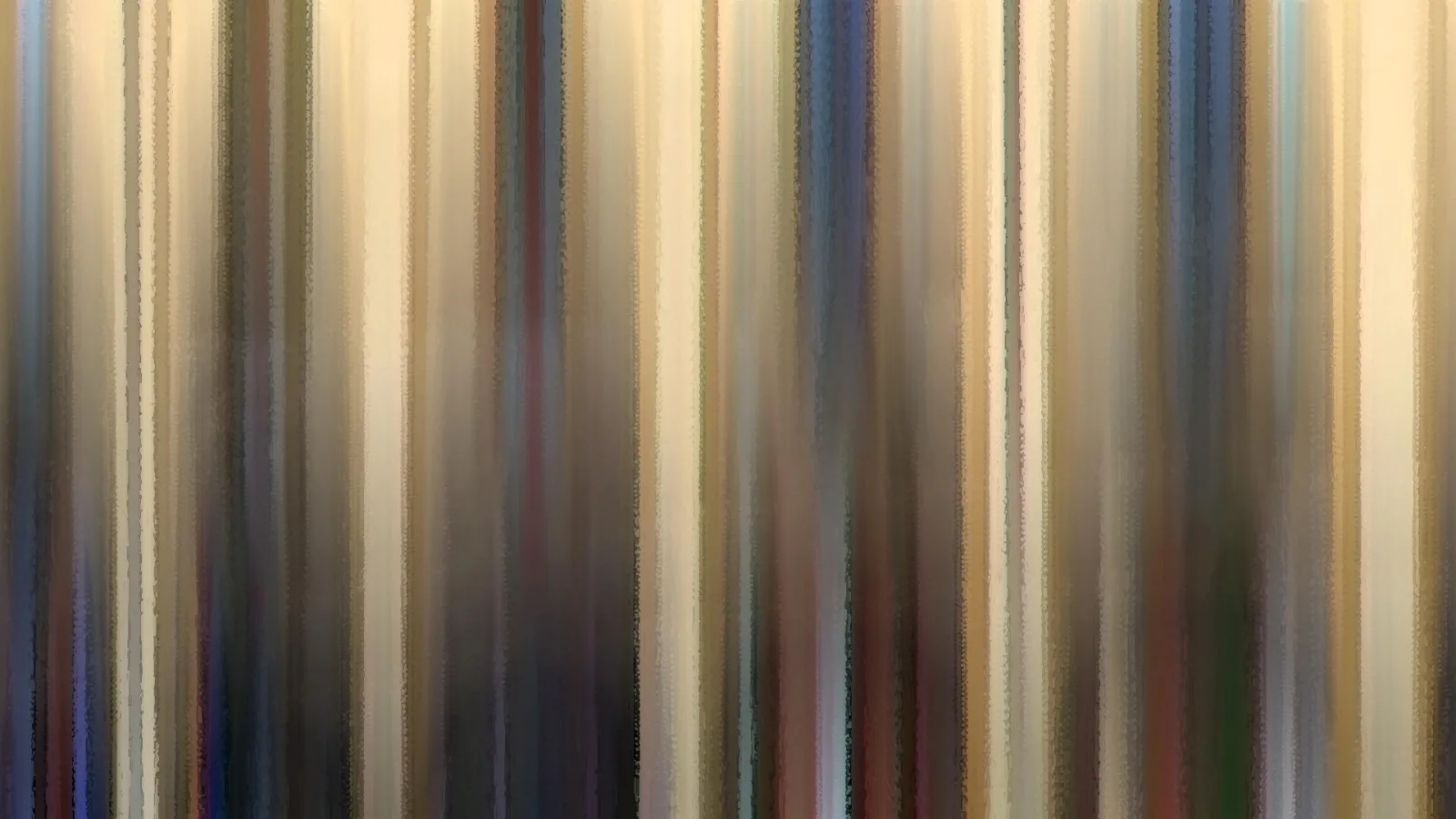 Abstrakte Komposition aus vertikalen, verwischten Streifen in Creme, Beige, Grau, Blau und Braun, die von oben bis unten verlaufen.