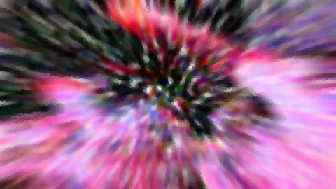 Abstrakte Zoomunschärfe mit radial ausstrahlenden Streifen in Pink, Violett und Grün um einen dunklen Mittelpunkt