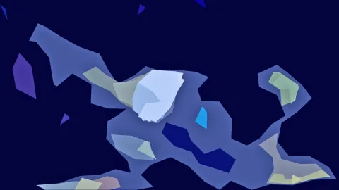 Abstrakte Komposition aus blauen, hellblauen und hellgrünen Flächen auf dunkelblauem Grund, mit einer großen weißen Form in der Mitte.