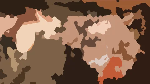Abstrakte Komposition aus unregelmäßigen Flächen in Braun-, Beige- und Rosttönen mit dunklen Schattenbereichen.