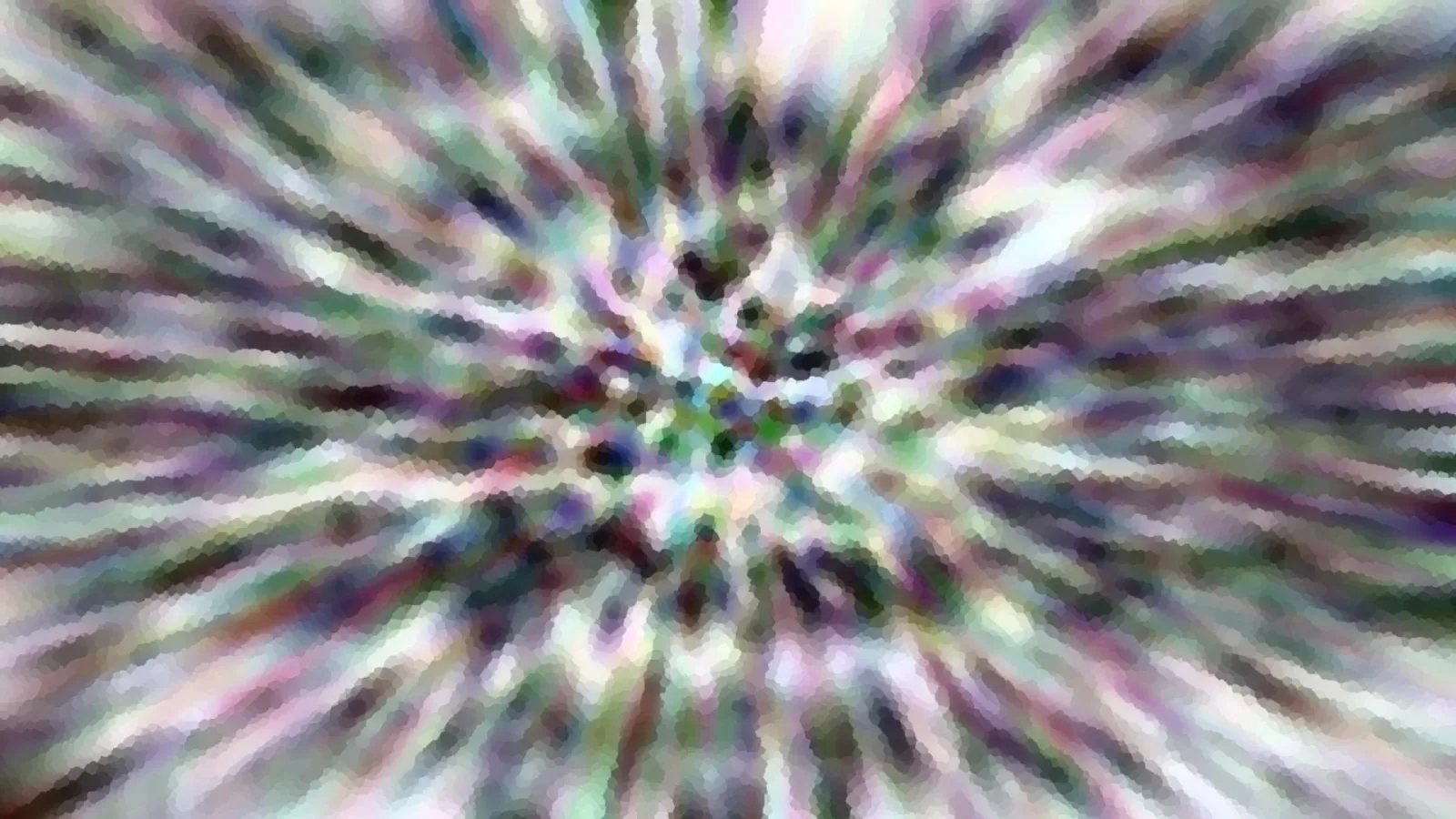 Abstrakte Komposition aus radial von einem Zentrum ausgehenden Farbstreifen in Grün, Rosa, Violett und Weiß, mit mosaikartiger Körnung.
