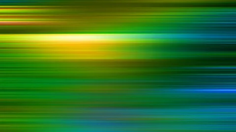 Abstrakte horizontale Streifen in Grün, Gelb und Blau, verwischt wie eine Bewegungsunschärfe, mit einem hellen gelben Lichtband in der oberen Bildhälfte.