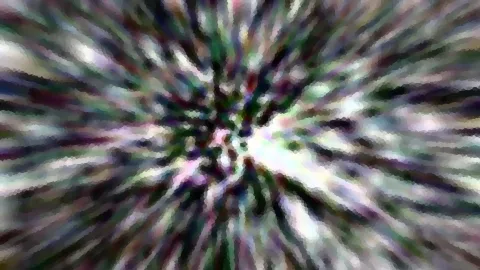 Abstrakte Komposition aus farbigen Streifen, die radial von einem hellen Zentrum nach außen laufen, in Grün, Violett und Weiß.