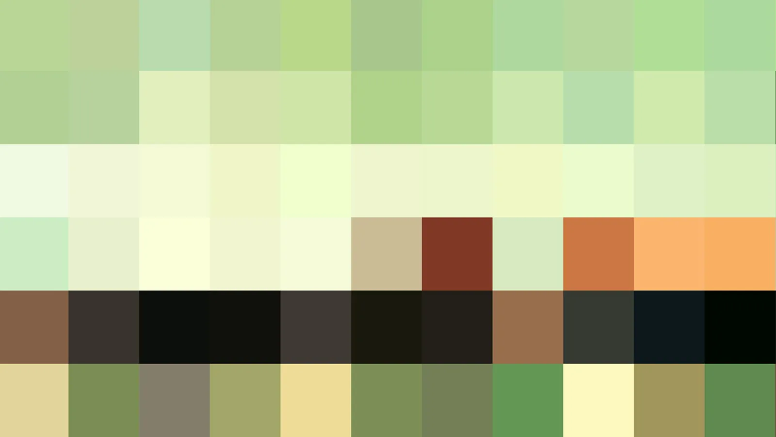 Pixeliges Farbmosaik aus hellgrünen, cremefarbenen, braunen und schwarzen Feldern in horizontalen Reihen