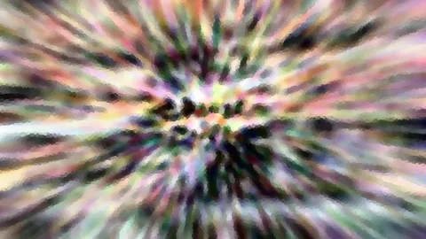 Abstrakte Komposition aus bunten, radial von einem hellen Zentrum nach außen laufenden Farbstrahlen, die in ein grobes Mosaik aus kleinen Pixelfeldern zerfallen.