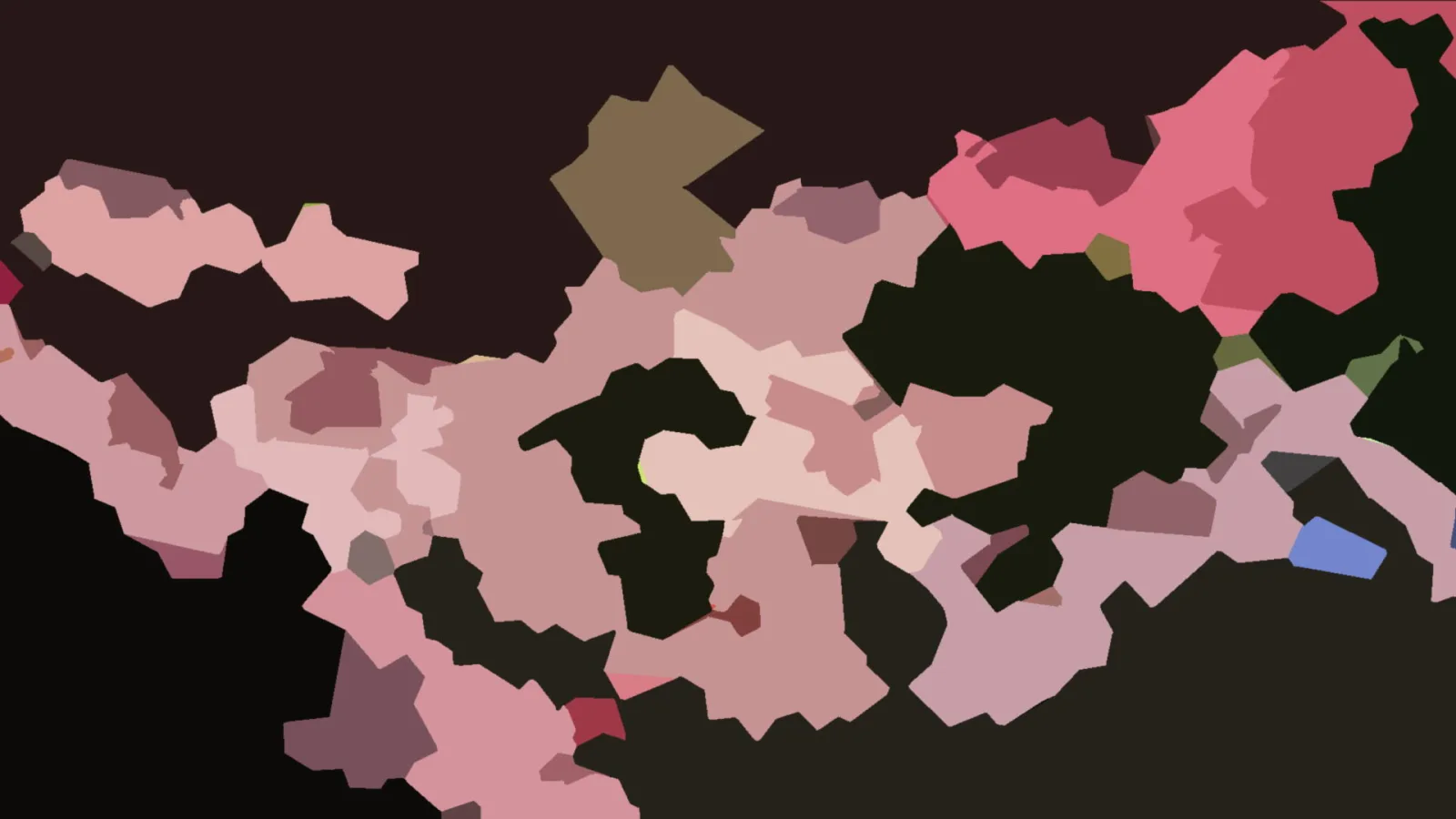 Abstraktes Bild aus unregelmäßigen Flächen in Rosa, Mauve und Dunkelbraun, dicht gegen die Ränder gedrängt, oben links eine dunkle Fläche.