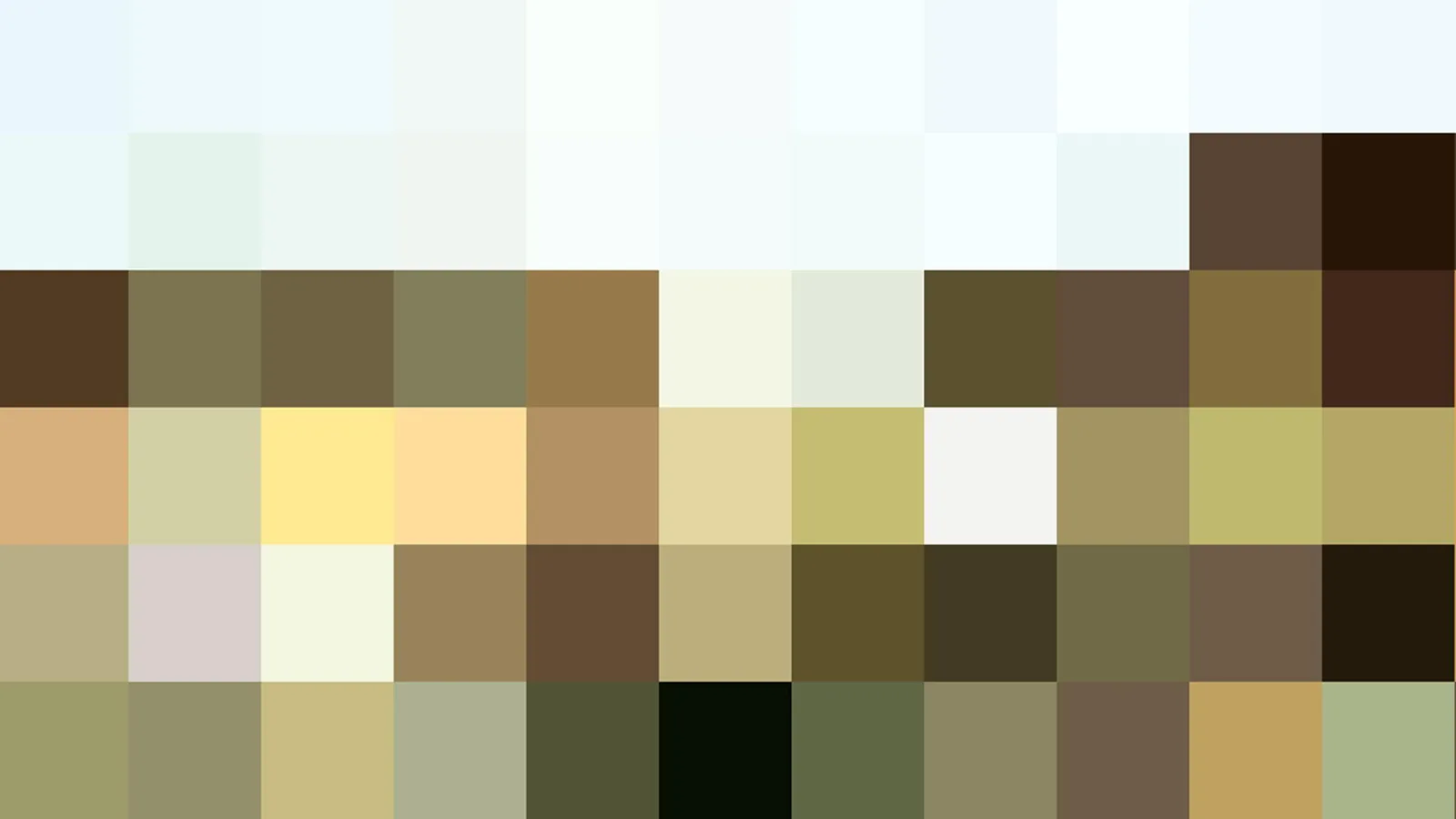 Abstraktes Mosaik aus quadratischen Farbfeldern in Weiß, Hellblau, Ocker, Oliv und Dunkelbraun in einem Raster aus Zeilen und Spalten.