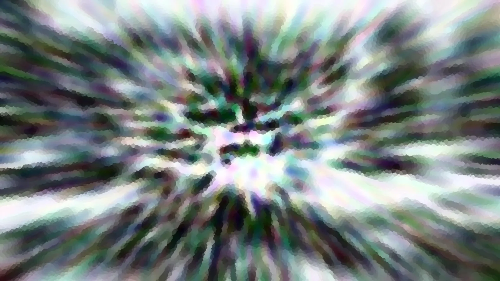 Abstrakte Komposition aus radial von der Mitte nach außen laufenden, verwischten Streifen in Grün, Violett und Weiß, mit pixeligen Kanten.