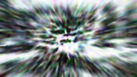 Abstrakte Komposition aus radial von der Mitte nach außen laufenden, verwischten Streifen in Grün, Violett und Weiß, mit pixeligen Kanten.