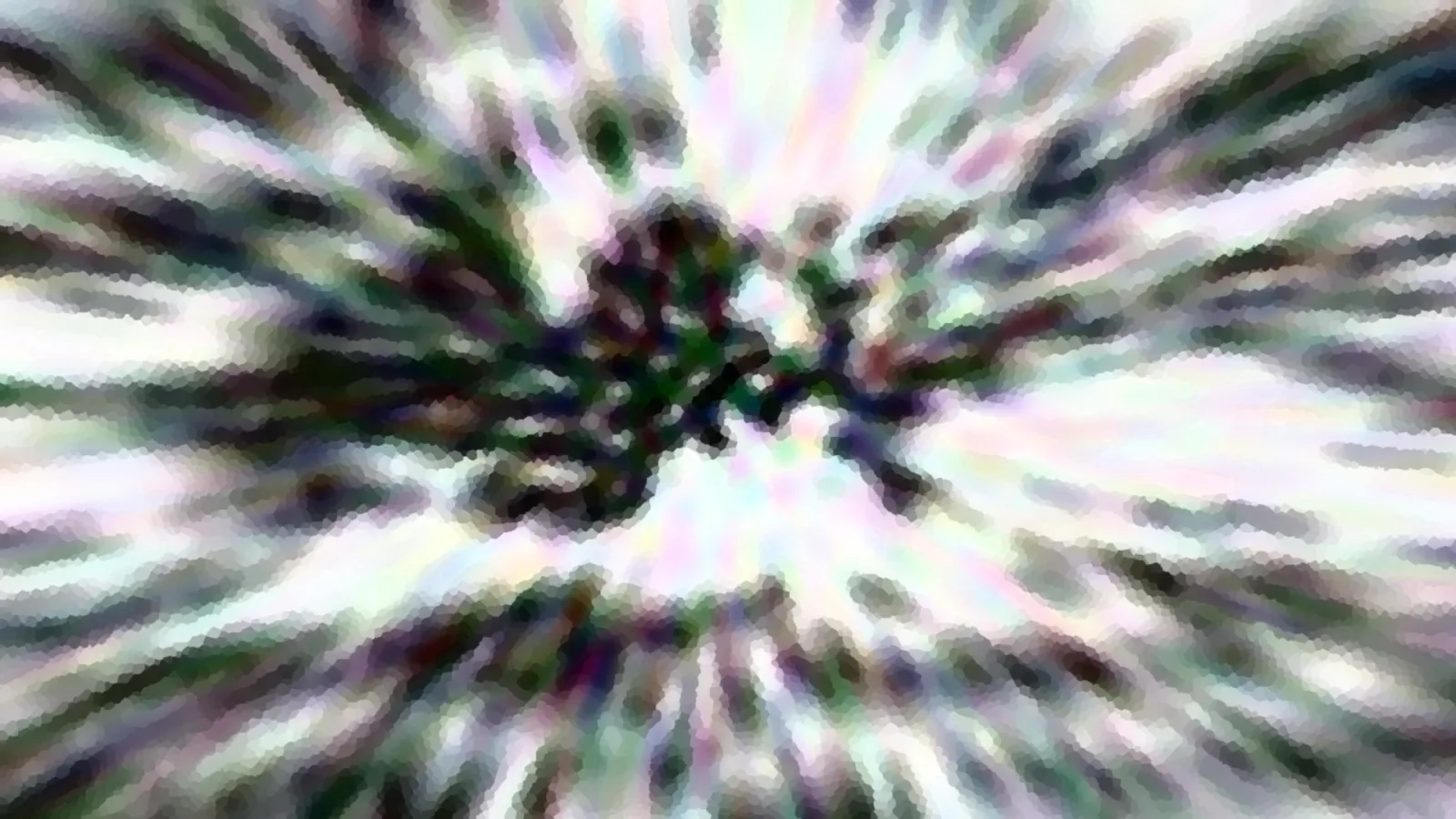 Abstrakte Komposition mit radial von einem dunklen Zentrum ausstrahlenden, verwischten Streifen in Weiß, Grün und Violett, leicht pixelig.