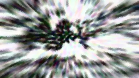 Abstrakte Komposition mit radial von einem dunklen Zentrum ausstrahlenden, verwischten Streifen in Weiß, Grün und Violett, leicht pixelig.