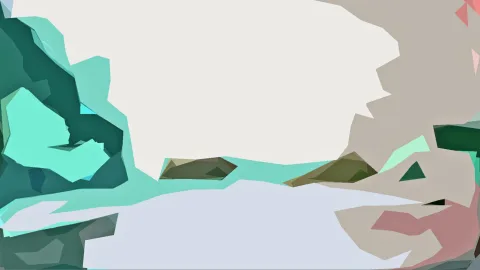 Abstrakte Komposition aus flachen, kantigen Formen in Mint, Dunkelgrün, Olivbraun, Creme, Grau und Rosa.