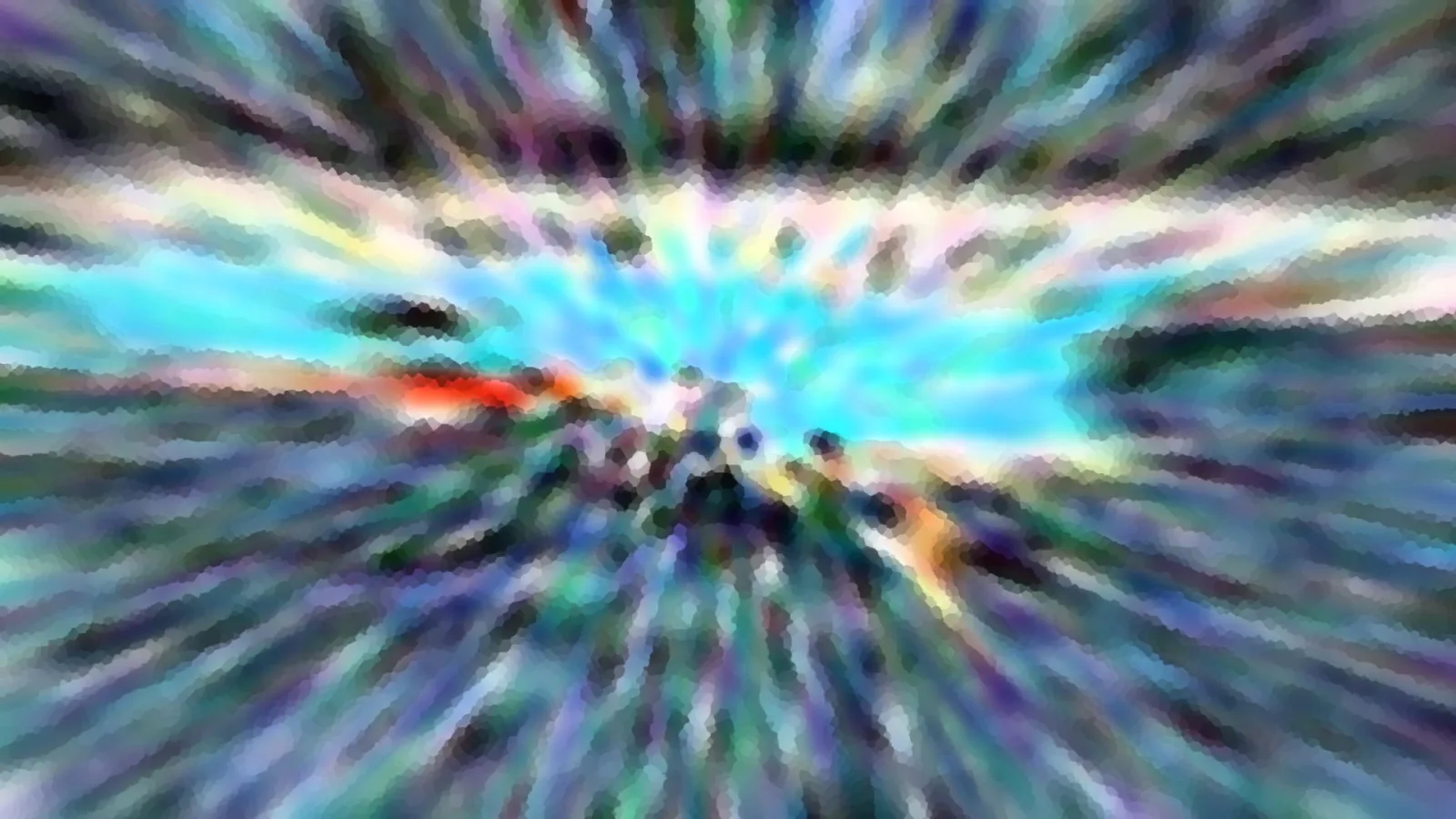 Abstraktes Bild mit radialen Streifen in Blau, Lila und Grün, im Zentrum ein heller türkiser Lichtfleck und dunkle Flecken.