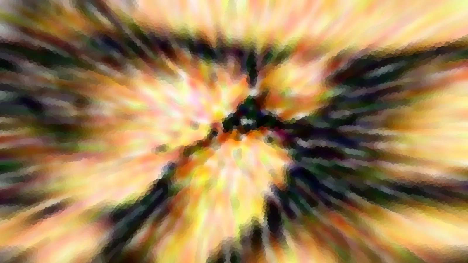Abstrakte Komposition aus gelben, orangefarbenen und dunkelgrünen Streifen, die von einem zentralen Punkt nach außen strahlen und mosaikartig verwischt wirken.