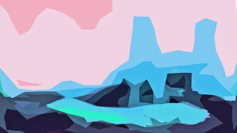 Abstrakte Felslandschaft mit rosa Himmel, hellblauen Felsformationen und dunklem Vordergrund, dazwischen türkisfarbene Flächen.