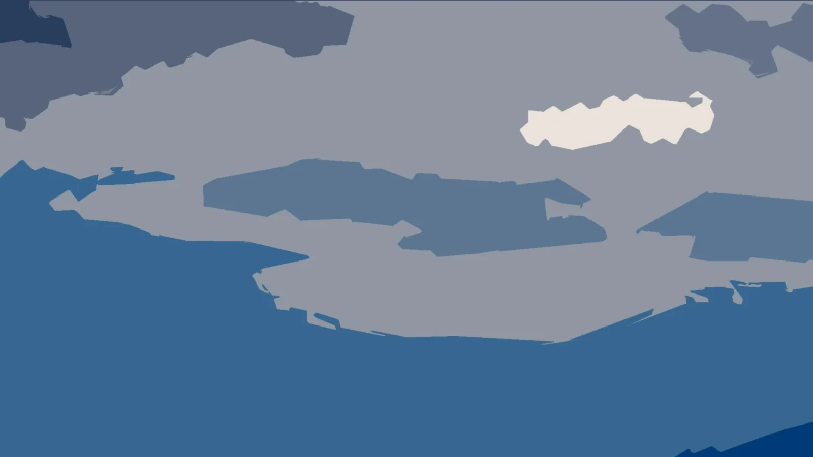 Abstrakte Komposition aus flachen grau-blauen Formen mit einer weißen Wolkenform oben rechts und dunkelblauen Flächen am unteren Rand.