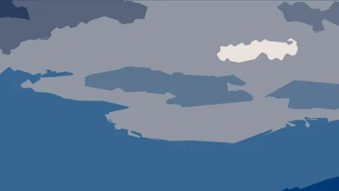Abstrakte Komposition aus flachen grau-blauen Formen mit einer weißen Wolkenform oben rechts und dunkelblauen Flächen am unteren Rand.