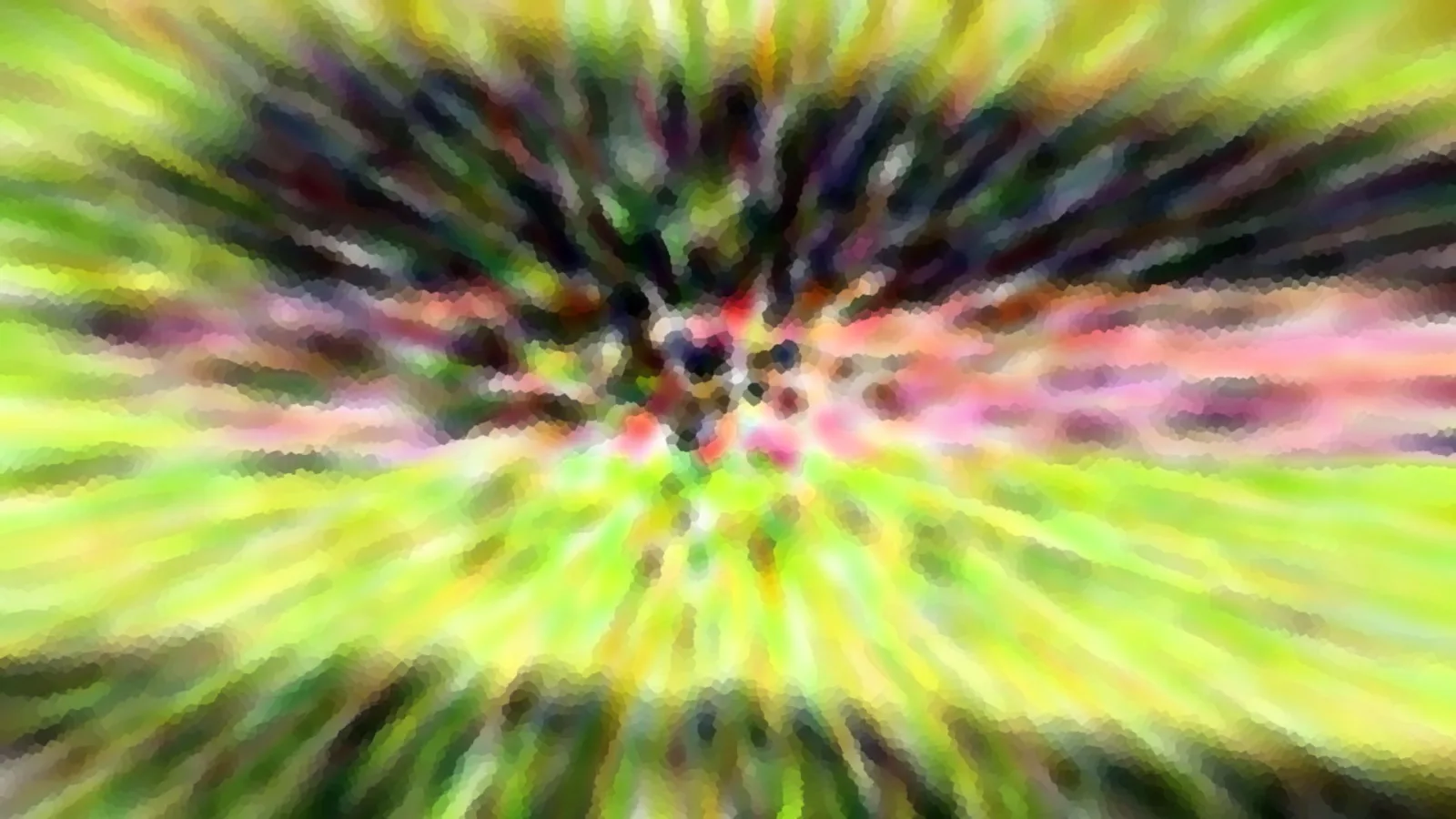 Abstrakte, radial verwischte Farbfläche in Grün, Gelb und Rosa mit dunklen Flecken im Zentrum, die wie ein Strudel nach außen strahlen.