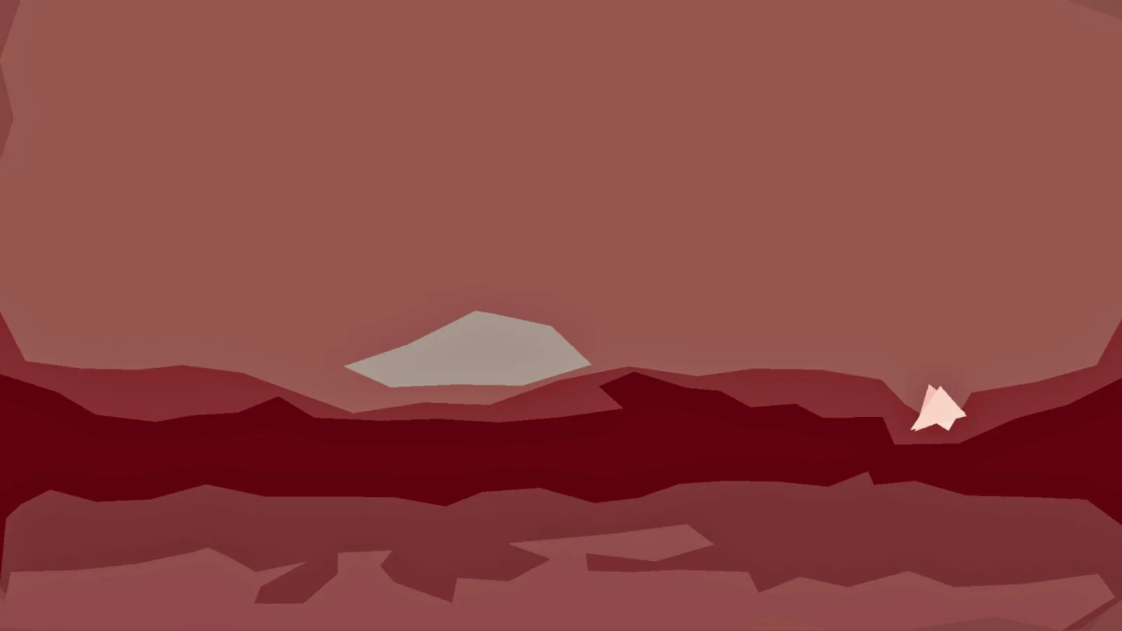 Abstrakte Landschaft in Rottönen mit dunklen Gebirgszügen am unteren Bildrand, einer hellgrauen Wolkenform links der Mitte und einem kleinen hellen Dreieck rechts.