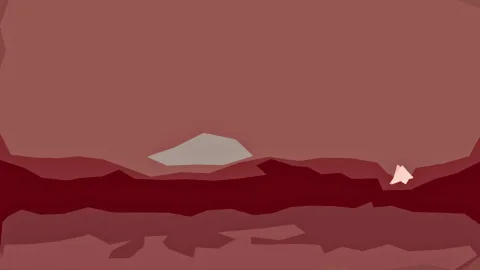Abstrakte Landschaft in Rottönen mit dunklen Gebirgszügen am unteren Bildrand, einer hellgrauen Wolkenform links der Mitte und einem kleinen hellen Dreieck rechts.