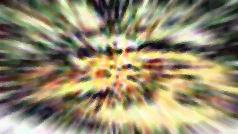 Abstraktes Bild mit radial von der Mitte nach außen laufenden Streifen in Grün, Gelb, Violett und Schwarz, mosaikartig verpixelt.
