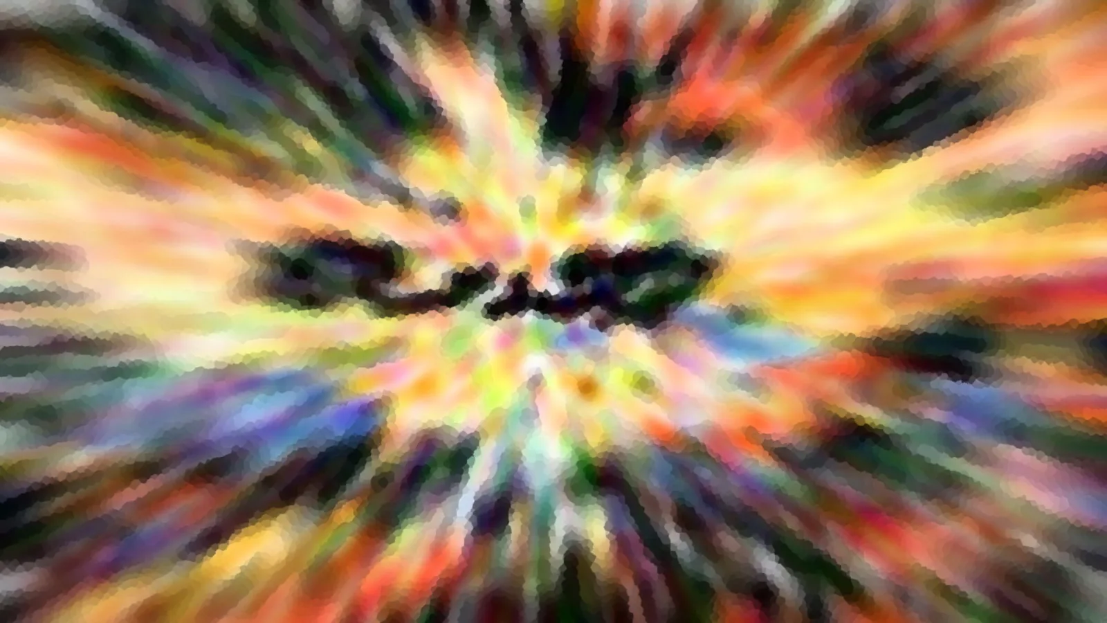 Abstrakte, radial verwischte Farbexplosion in Orange, Gelb, Grün und Blau mit einer dunklen, gesichtsähnlichen Form in der Mitte