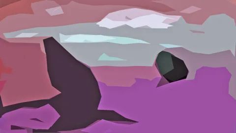 Abstrakte Komposition aus rosa, grauen und violetten Flächen mit einer großen dunklen Form links der Mitte und einer kleineren dunklen Form rechts.